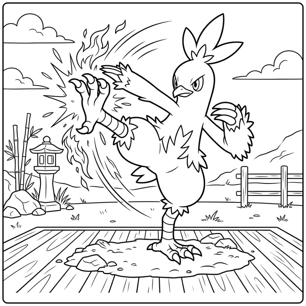Dynamische Combusken pokemon kleurplaat met vuurkick training.
