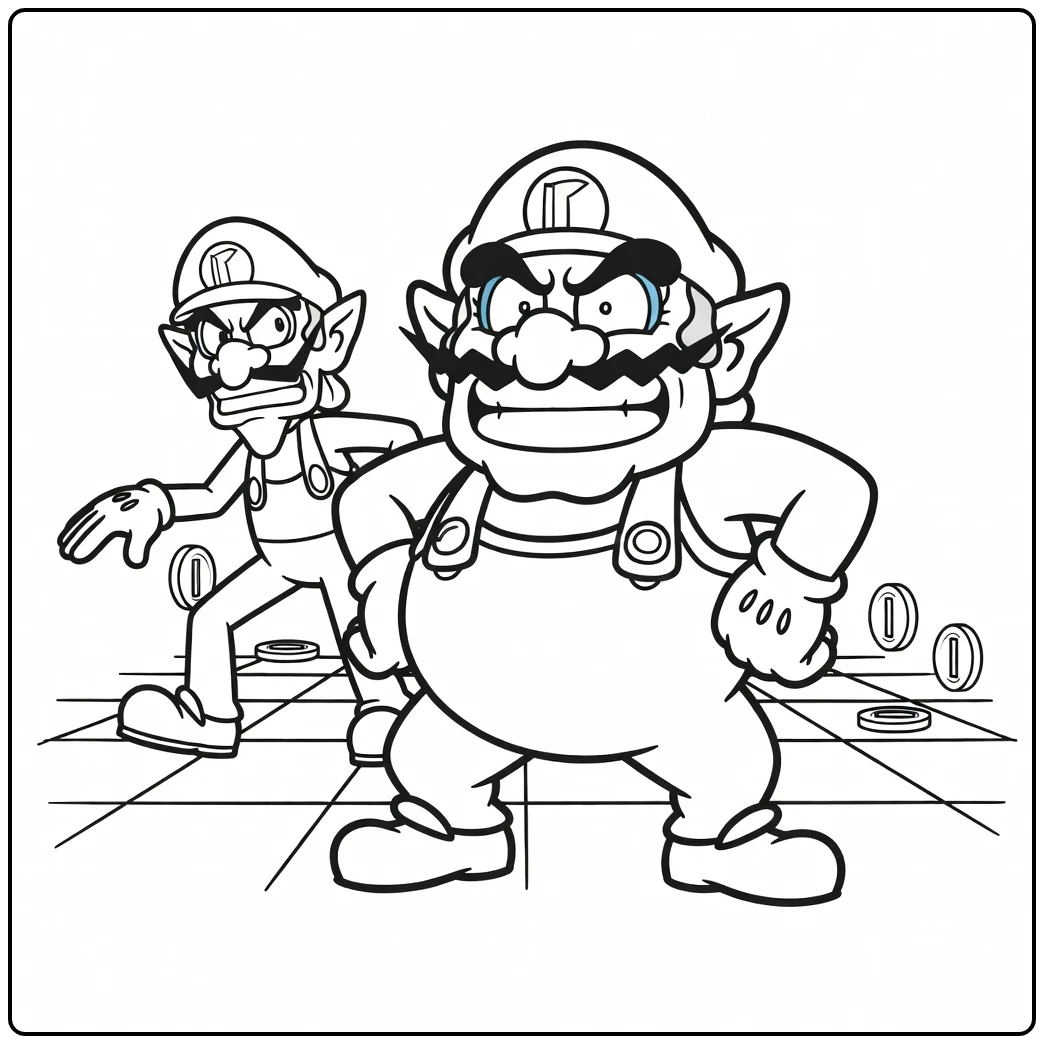 Wario kleurplaat met Wario en Waluigi in een grappige pose.