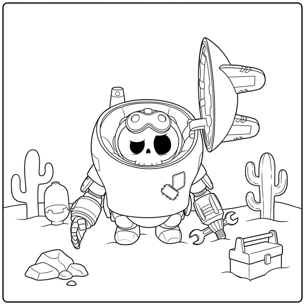 Robot met doodshoofd in woestijn, Corrosie kleurplaat.