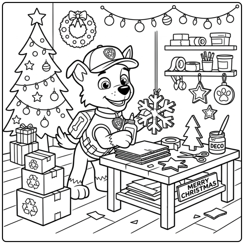 Rocky maakt kerstversiering: paw patrol kerst kleurplaat om te printen