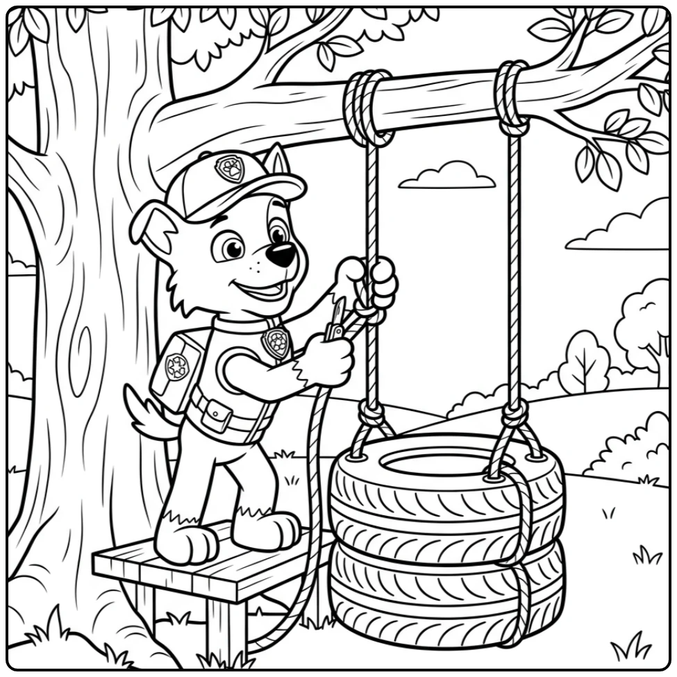 Rocky Paw Patrol kleurplaat: Rocky maakt een bandenschommel aan boom.