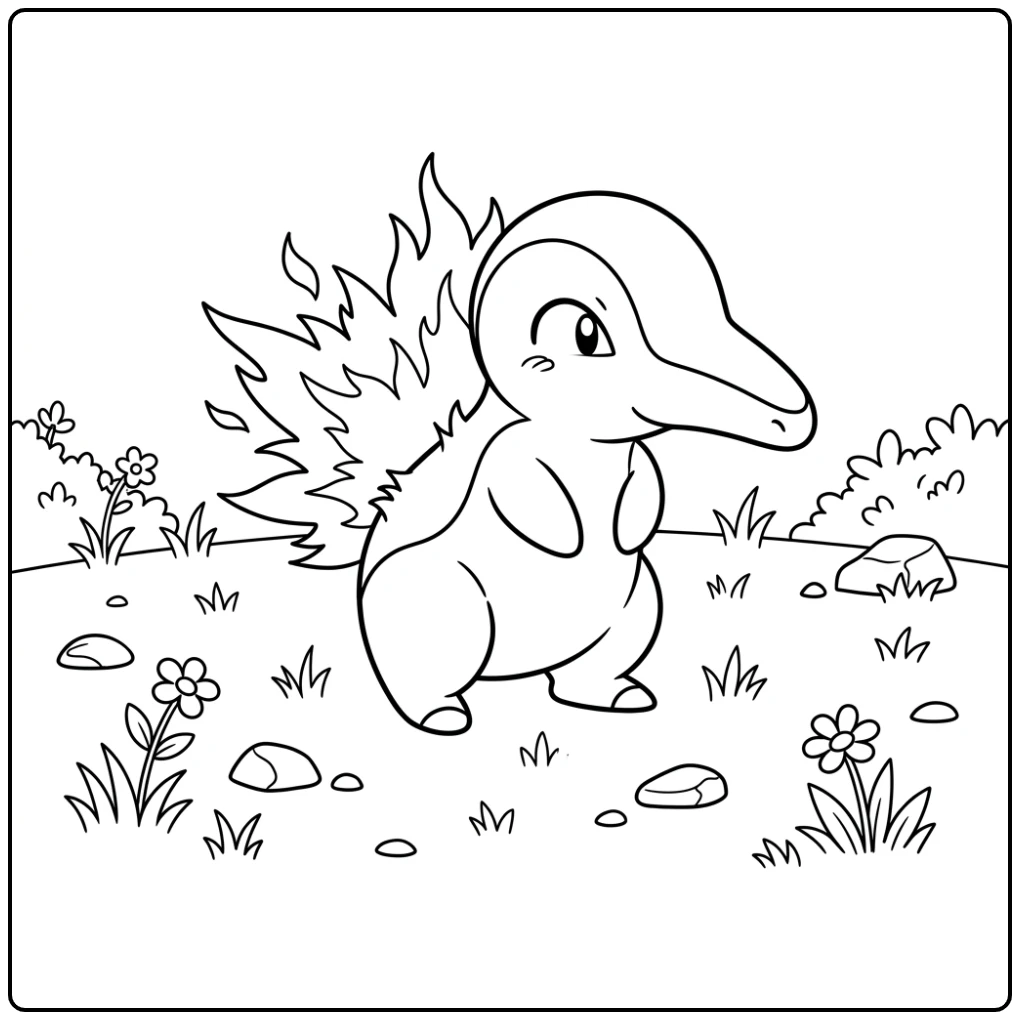 Cyndaquil pokemon kleurplaat, verlegen in een zonnig grasveld