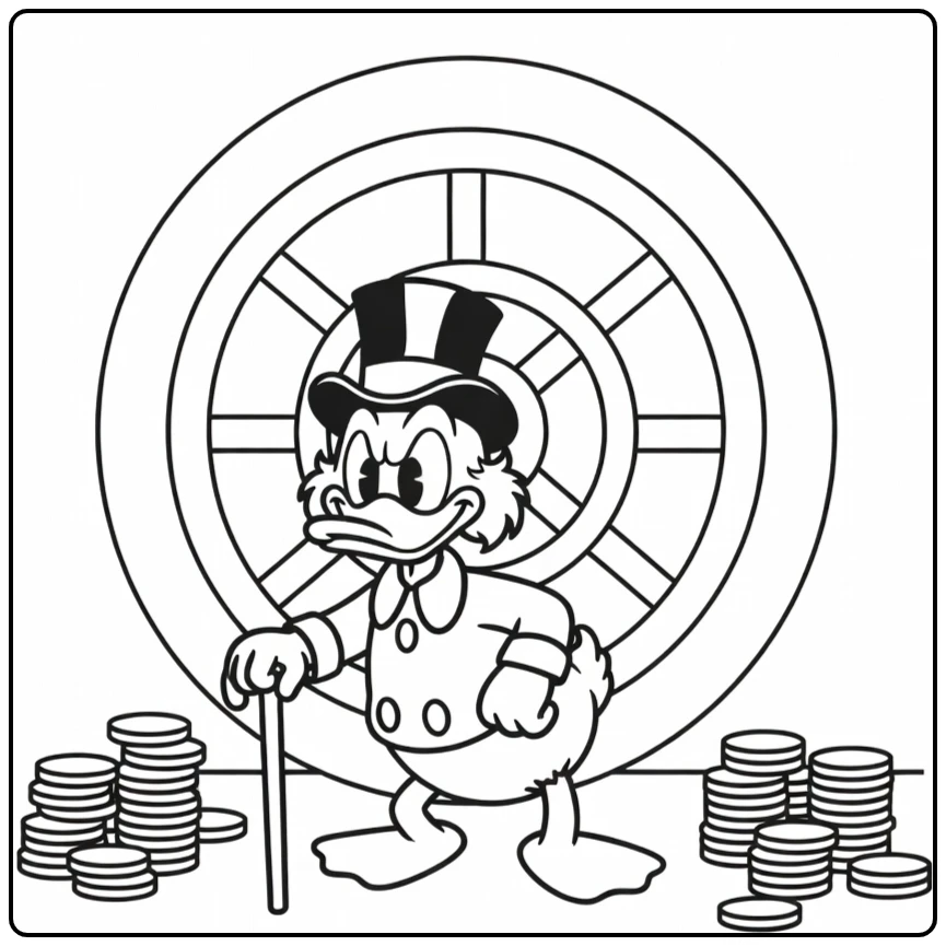 Dagobert Duck kleurplaat dagobert duck met stok in muntenkluis