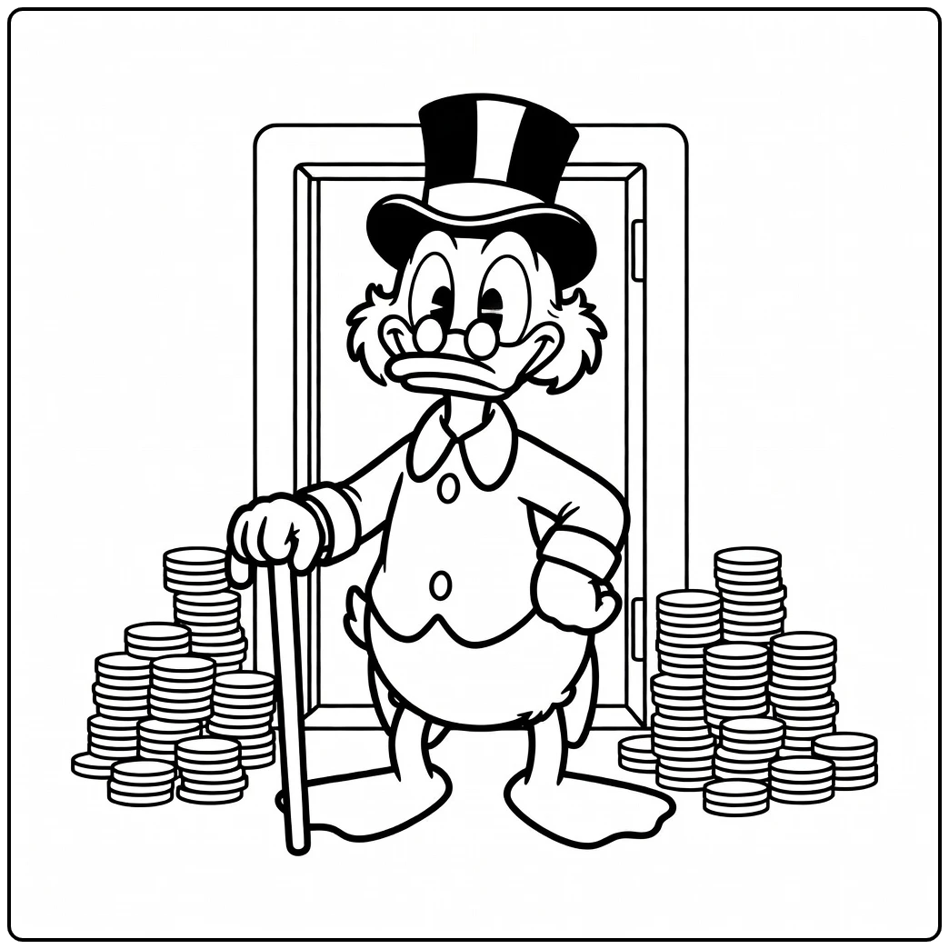 Trotse kleurplaat dagobert duck bij kluis, met gouden munten.