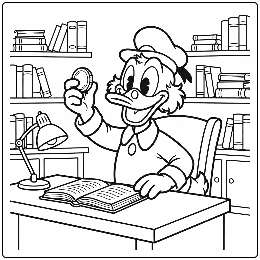 Trotse kleurplaat dagobert duck met glimmende munt achter bureau