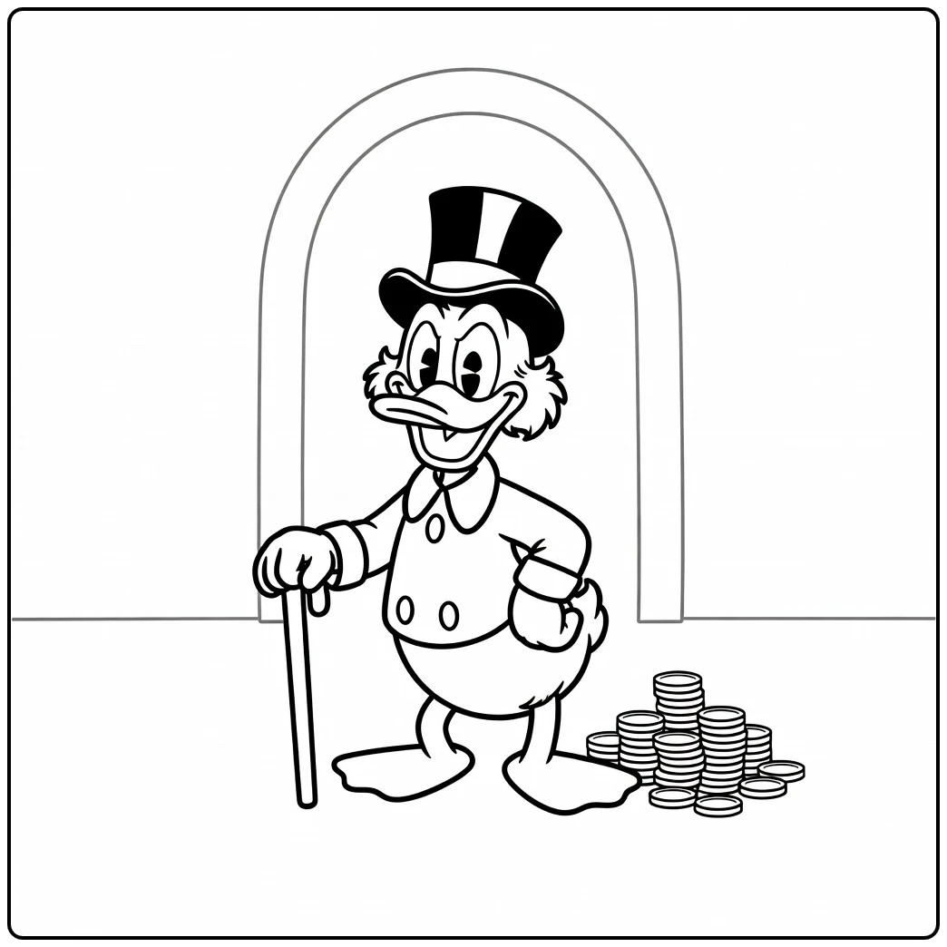 Trots Dagobert Duck bij zijn schat, ideale kleurplaat dagobert duck.