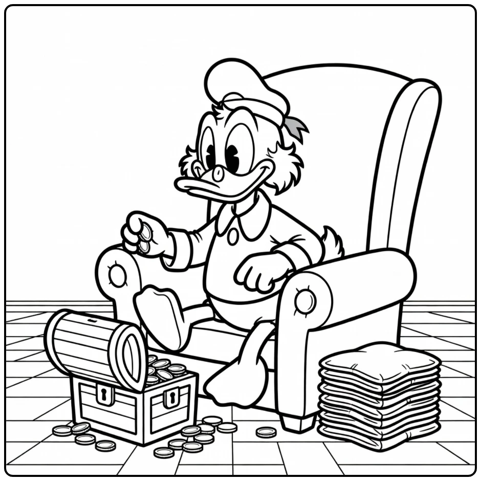 Dagobert Duck telt munten in fauteuil - kleurplaat dagobert duck