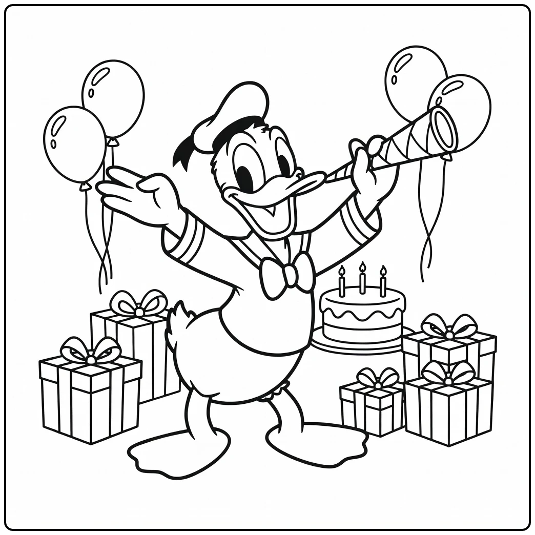 Feestelijke kleurplaat donald duck verjaardag: Donald Duck danst vrolijk met toeter.