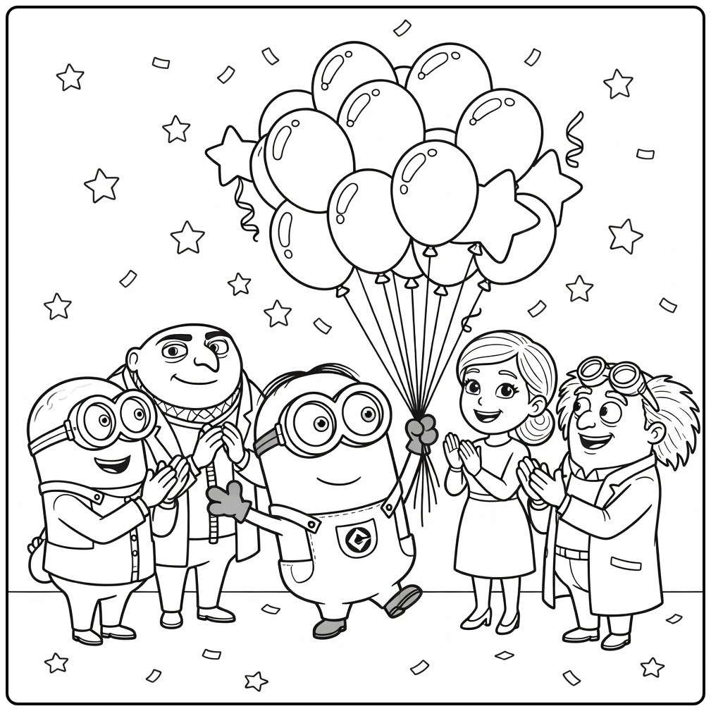 Kleurplaat minions verjaardag: dansende Minion met ballonnen