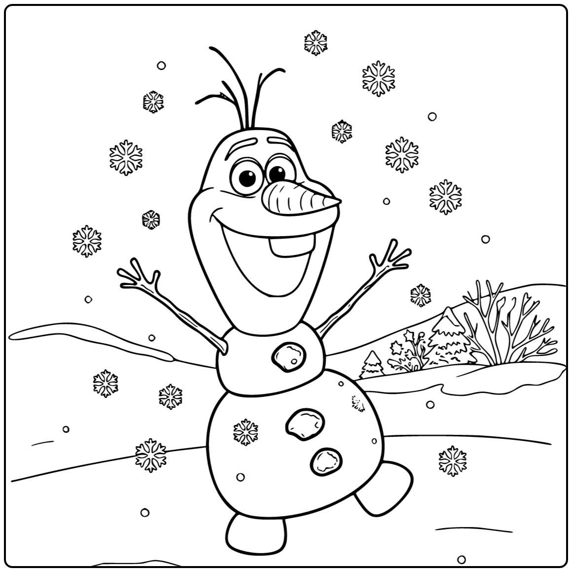 Vrolijk dansende olaf kleurplaat in de sneeuw.
