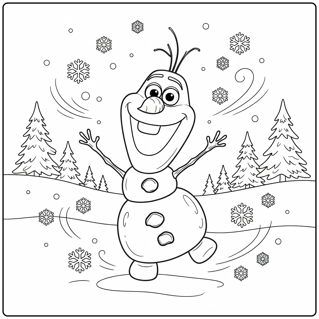 Vrolijke olaf kleurplaat met een dansende sneeuwpop.