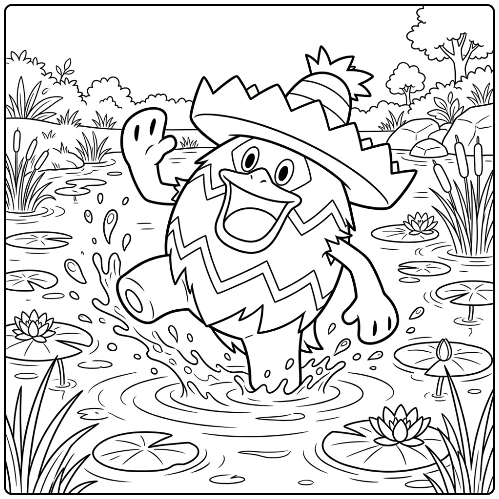 Vrolijke Pokemon Ludicolo kleurplaat dansend in het water.