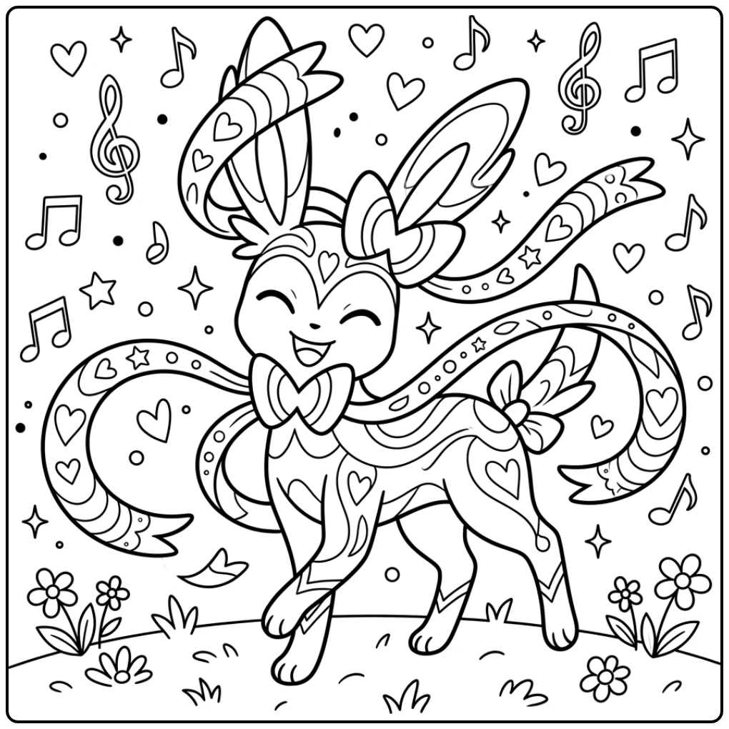 Vrolijke dansende sylveon kleurplaat met noten en linten
