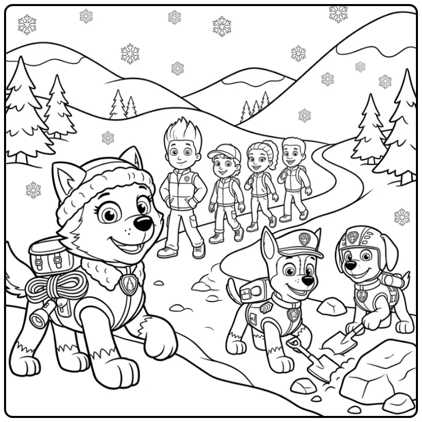 Everest leidt wandelaars; spannende everest paw patrol kleurplaat.