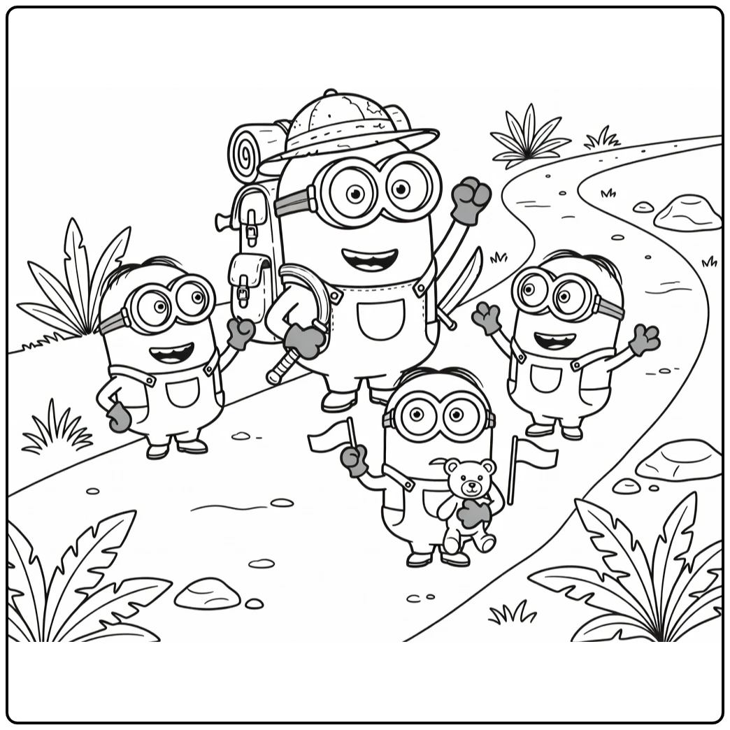 Minion kleurplaat: dappere avonturier met Kevin, Stuart, Bob