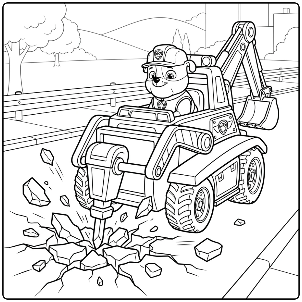 kleurplaat paw patrol rubble: Rubble sloopt weg met zijn drilboorvoertuig.