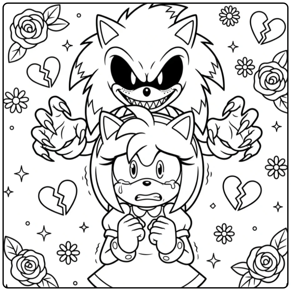 Sonic Exe kleurplaat: Enge Sonic achter bange Amy met bloemen.