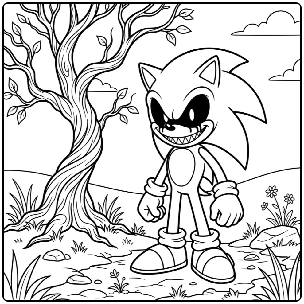 Sonic Exe kleurplaat: sinistere egel bij kronkelboom, staand