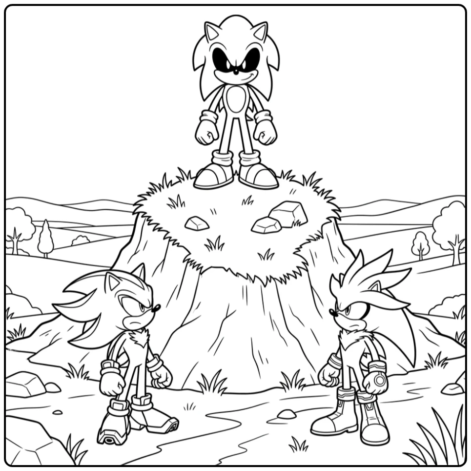 Sonic.exe op heuvel met Shadow en Silver, een griezelige sonic exe kleurplaat.