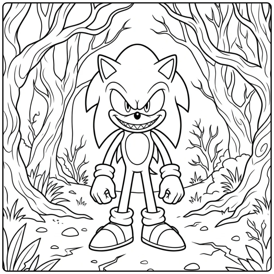 Griezelige sonic exe kleurplaat: Sonic staat in duister bos met enge blik