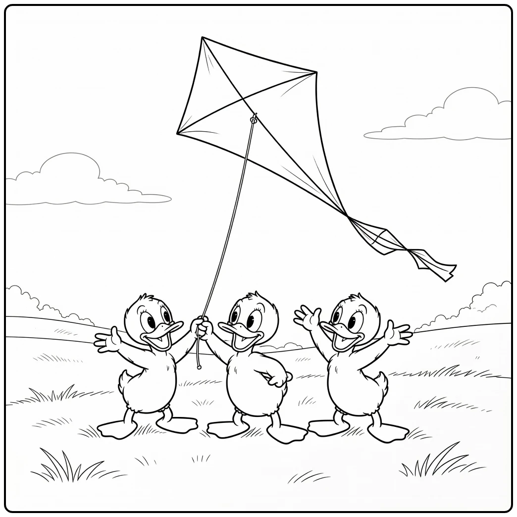 Vrolijke kleurplaat kwik kwek en kwak met neefjes en vlieger