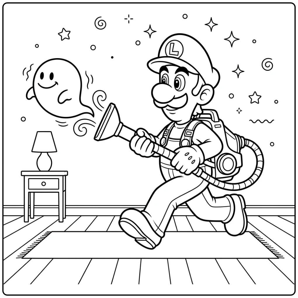 Luigi kleurplaat van Luigi die een vriendelijke geest vangt met zijn stofzuiger.
