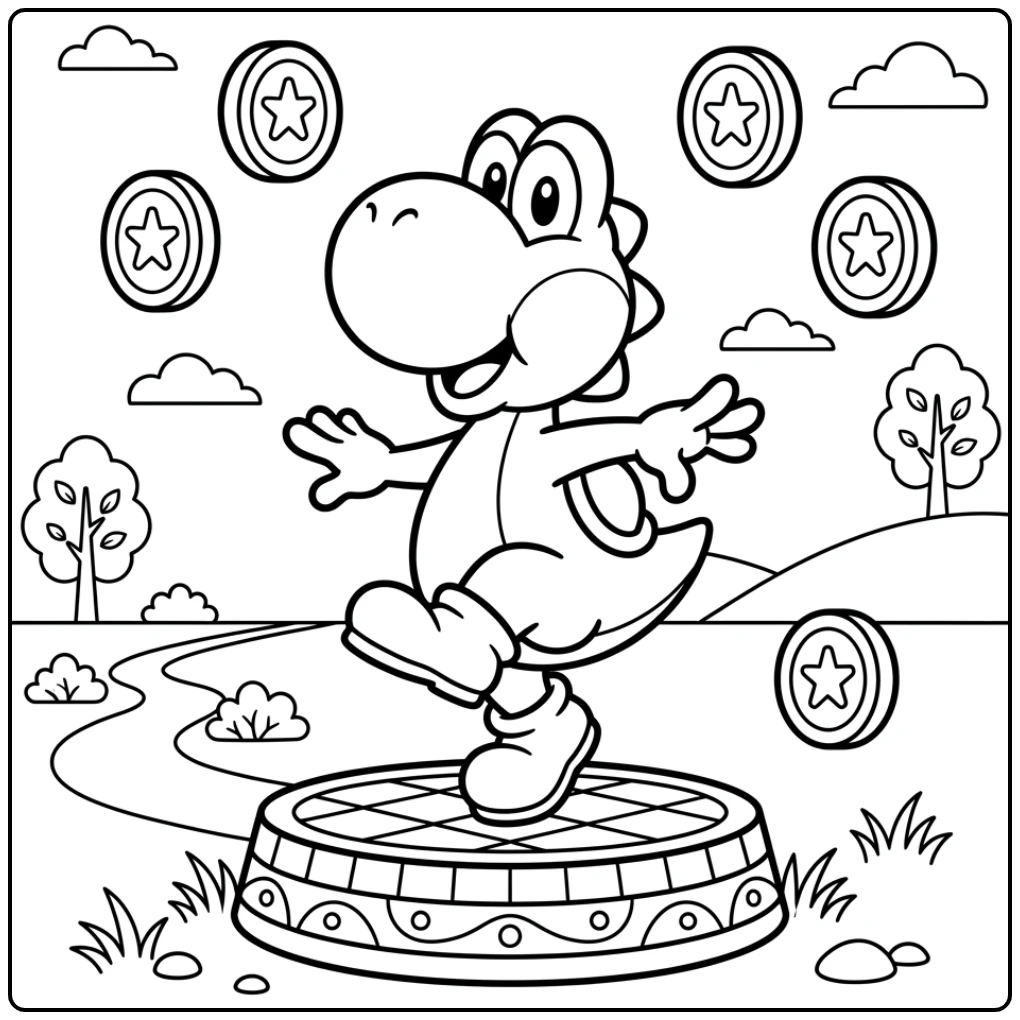 Yoshi kleurplaat balancerend op een platform met zwevende munten.