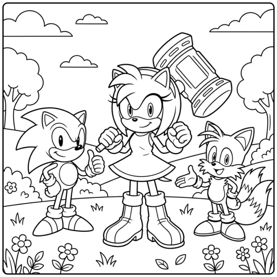 Amy Sonic kleurplaat: Amy Rose met hamer, Sonic en Tails lachend