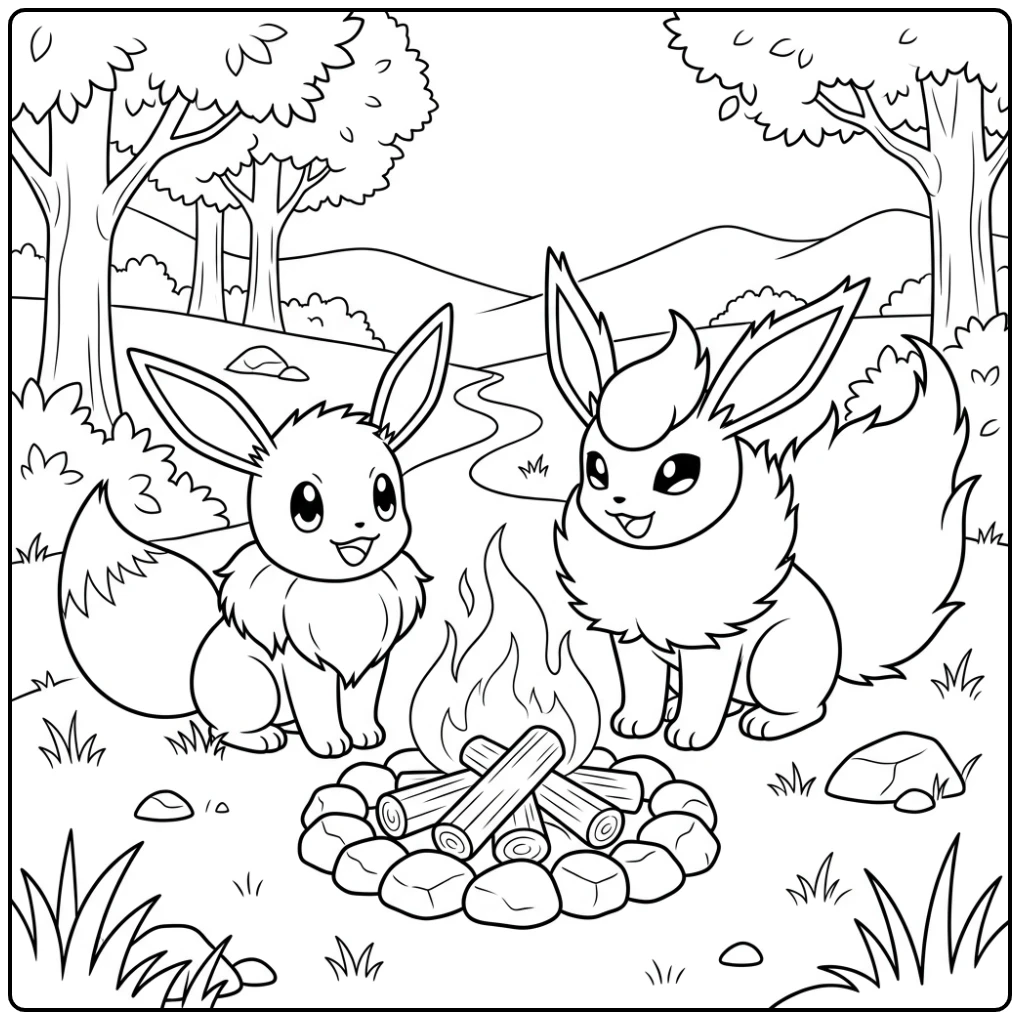 Vriendelijke eevee kleurplaat: Eevee en Flareon bij kampvuur