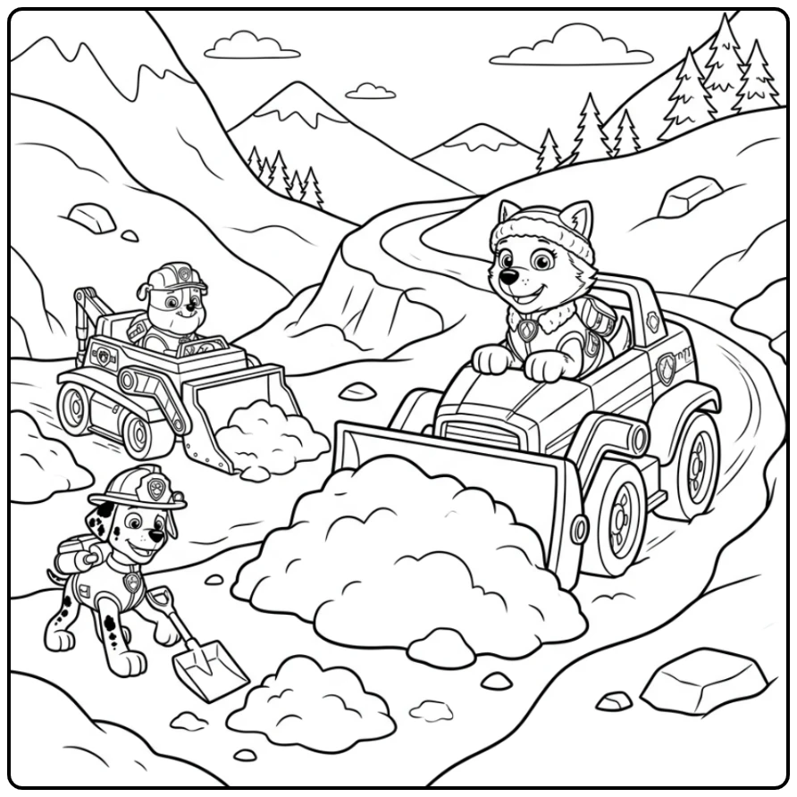 Everest paw patrol kleurplaat: Avontuur op de besneeuwde bergpas.