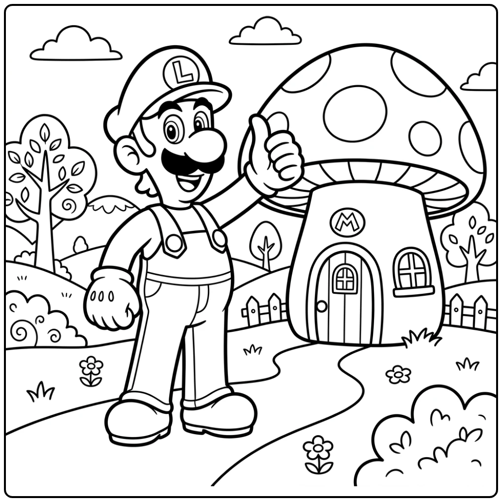 Luigi kleurplaat van Luigi met duim omhoog naast een paddenstoelhuis.