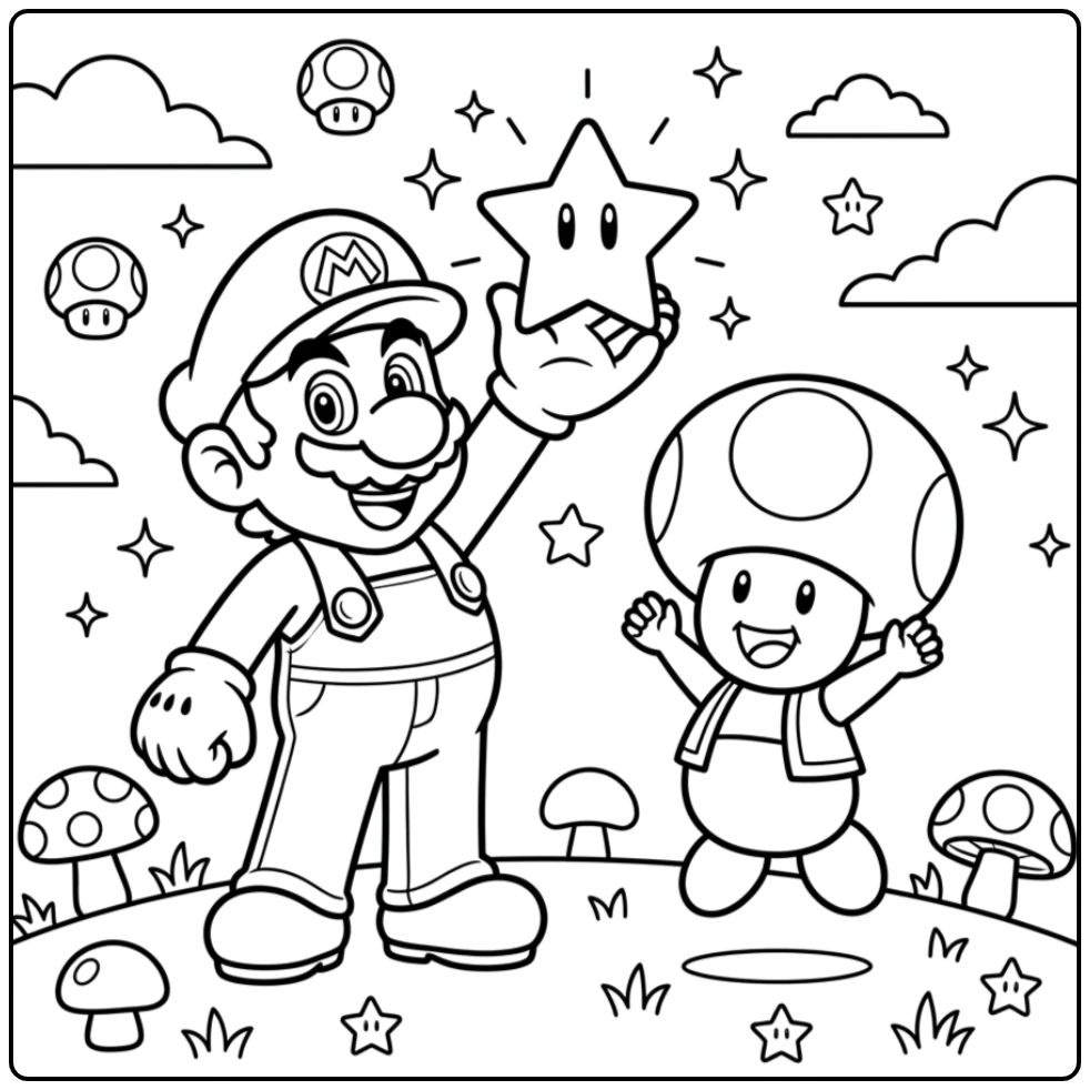 Mario kleurplaat van Mario met Super Ster en juichende Toad, vrolijk tafereel