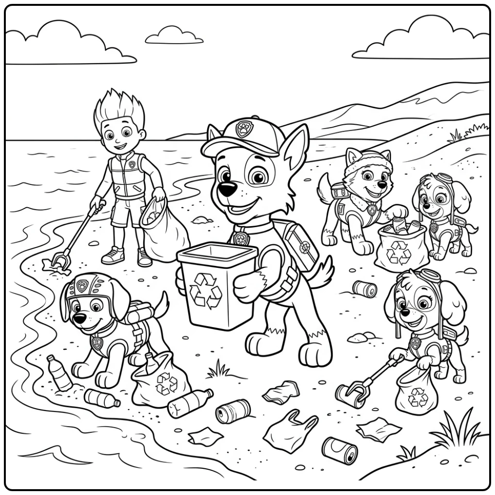 Rocky Paw Patrol kleurplaat: Rocky ruimt strand op met vrienden.
