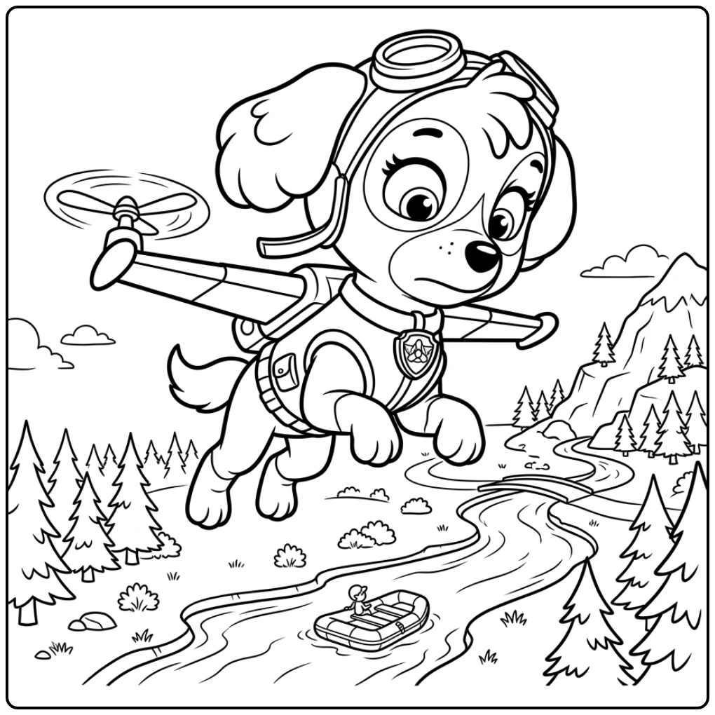 Skye paw patrol kleurplaat: zwevend, zoekend op reddingsmissie.