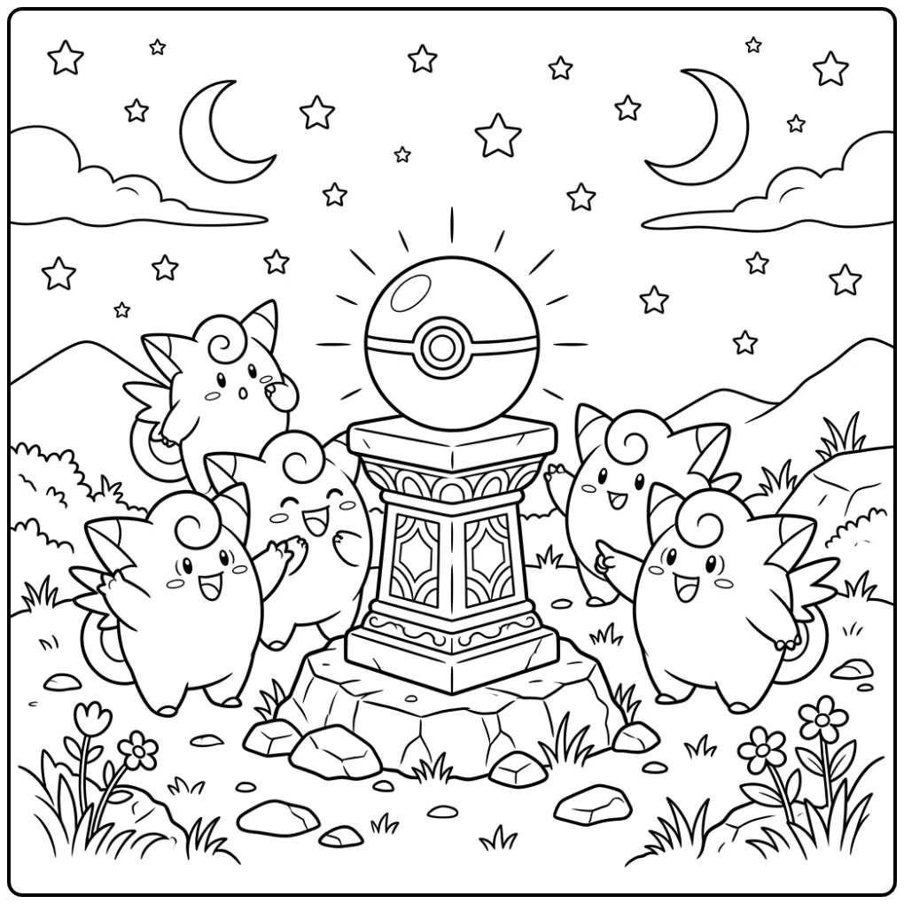 Magische pokemon bal kleurplaat: Clefairy verzamelen bij gloeiende bal.