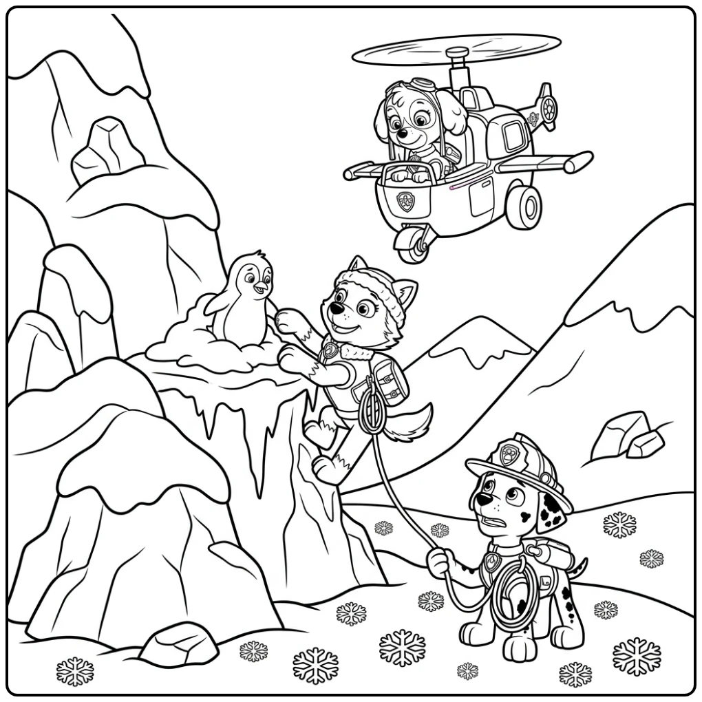 Everest paw patrol kleurplaat: heldhaftige redding van pinguïn op ijsschots.