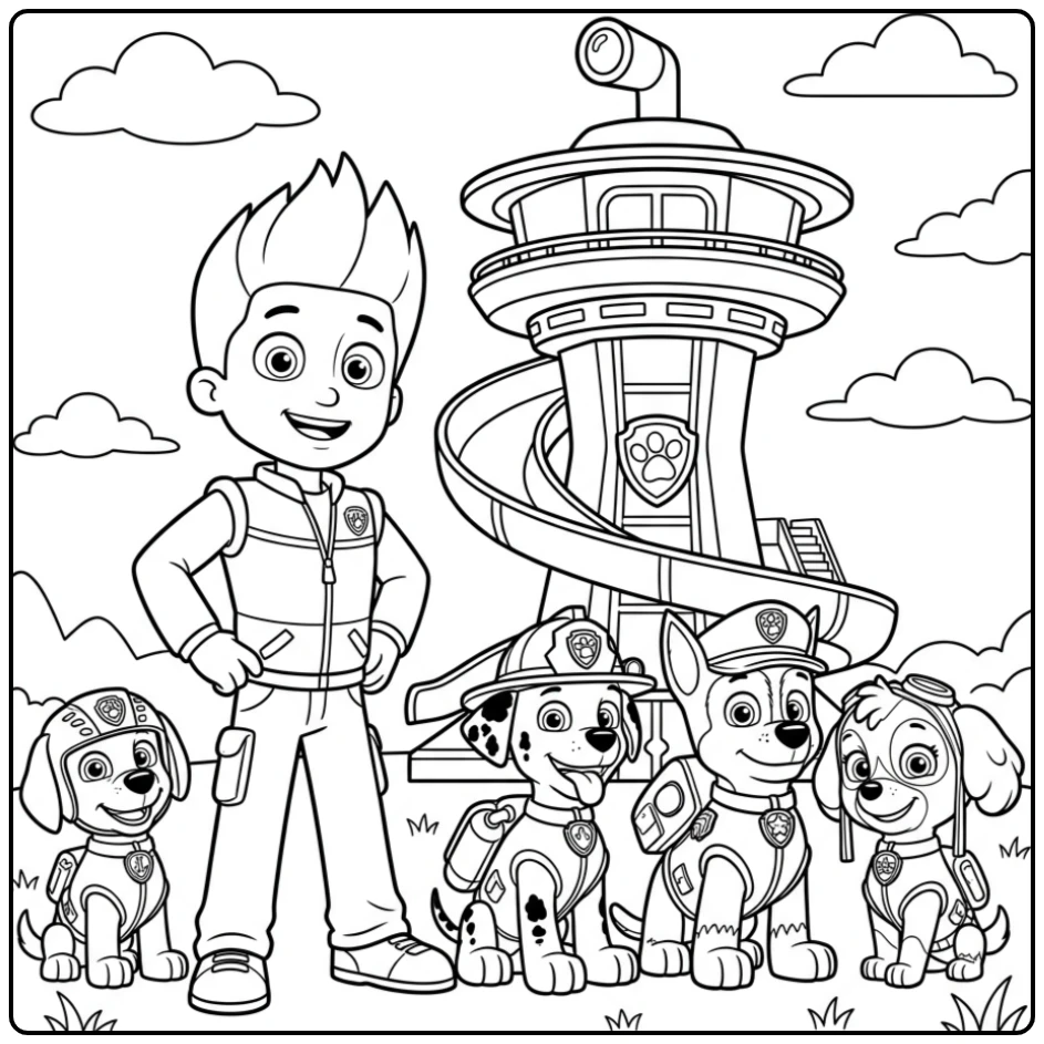 Ryder, Chase, Marshall en Skye bij de uitkijktoren, een perfecte ryder paw patrol kleurplaat.