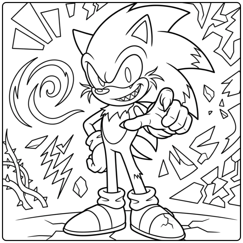 Sonic Exe kleurplaat: sinistere lach, wijzend naar voren.