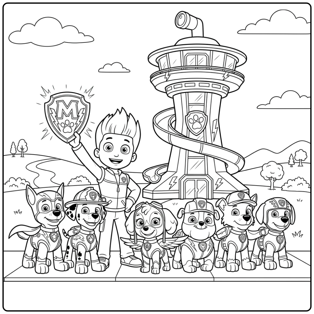 Mega Pups team en Ryder met badge: kleurplaat paw patrol mega pups