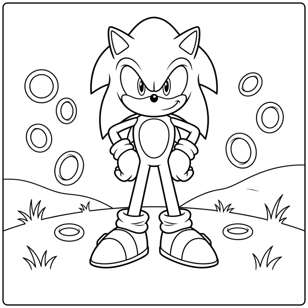 Sonic staat heldhaftig, ringen en heuvels. Perfecte sonic kleurplaat.