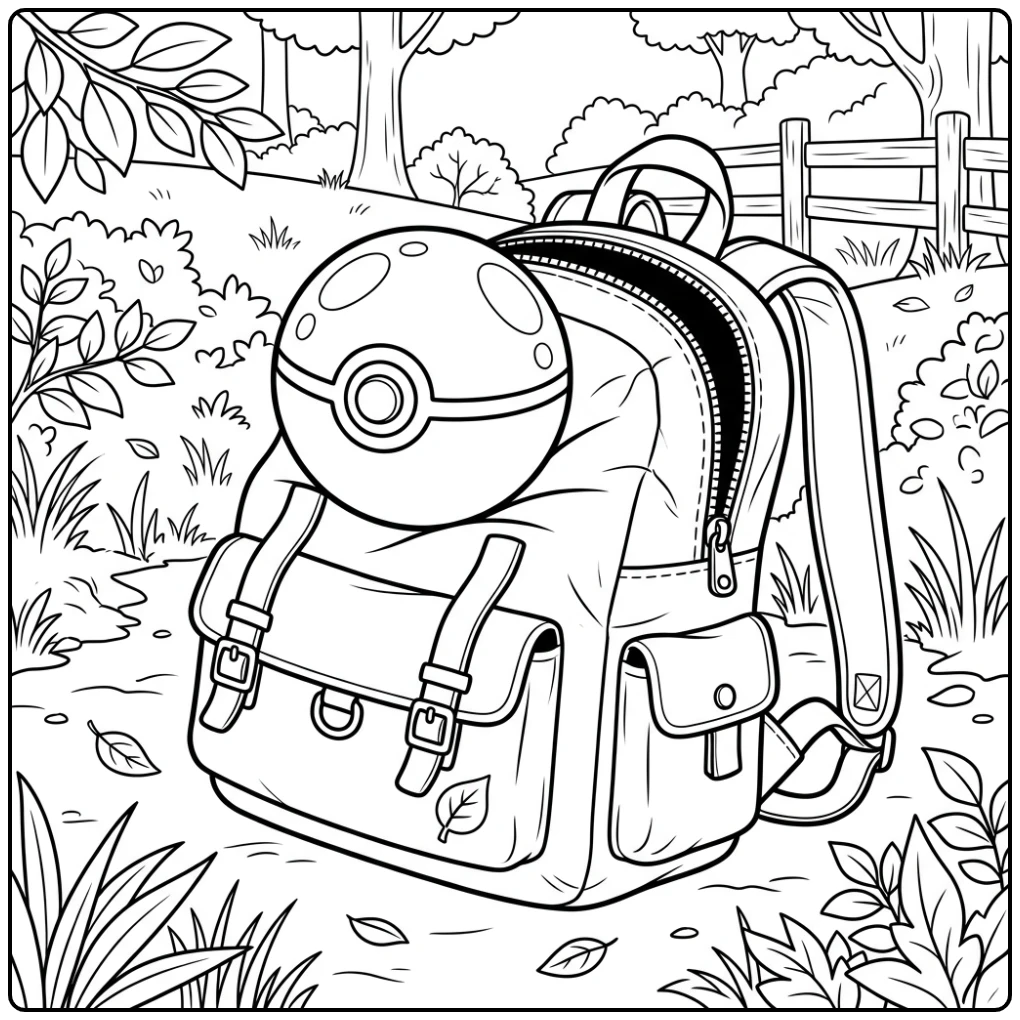 Detail van pokemon bal kleurplaat op rugzak, rits open, voor fans