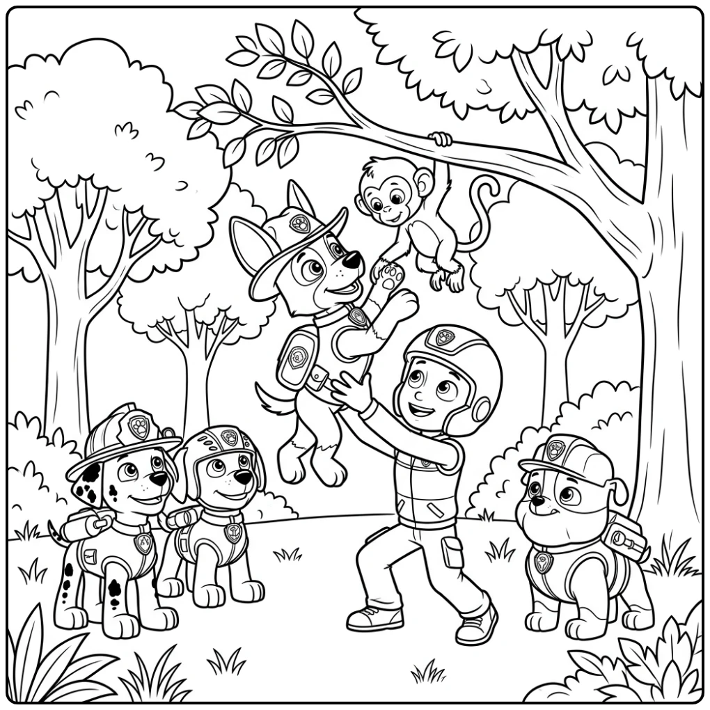 kleurplaat paw patrol tracker: Tracker redt aapje uit boom.