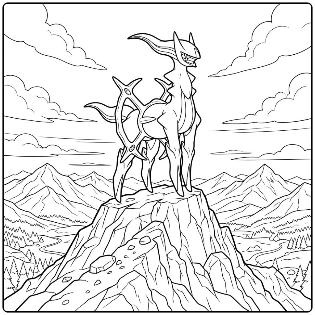 Majestueuze pokemon kleurplaat arceus op bergtop tussen wolken.