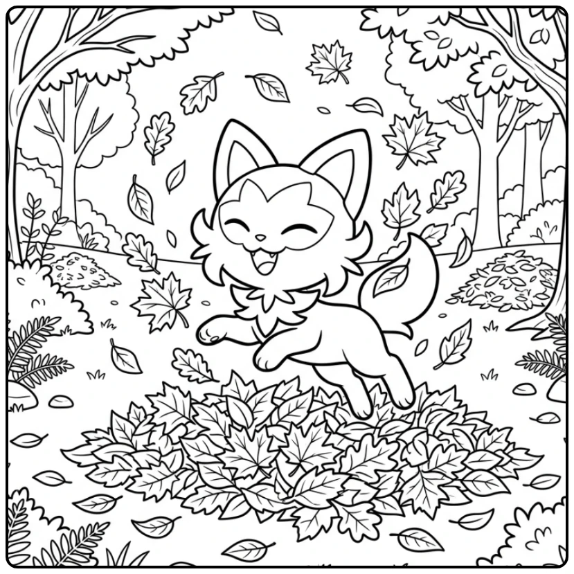 Vrolijke kleurplaat pokemon sprigatito speelt met herfstbladeren.