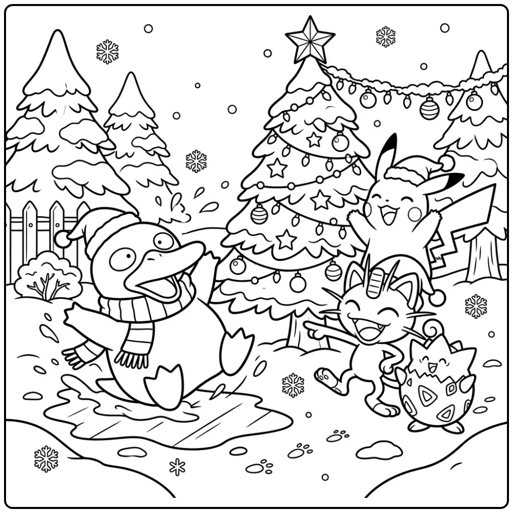 Grappige pokemon kerst kleurplaat: Psyduck glijdt uit in de sneeuw.