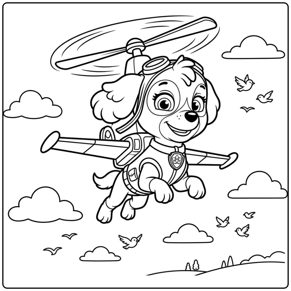 Skye Paw Patrol kleurplaat: Skye zweeft vrolijk met helikopterpack.