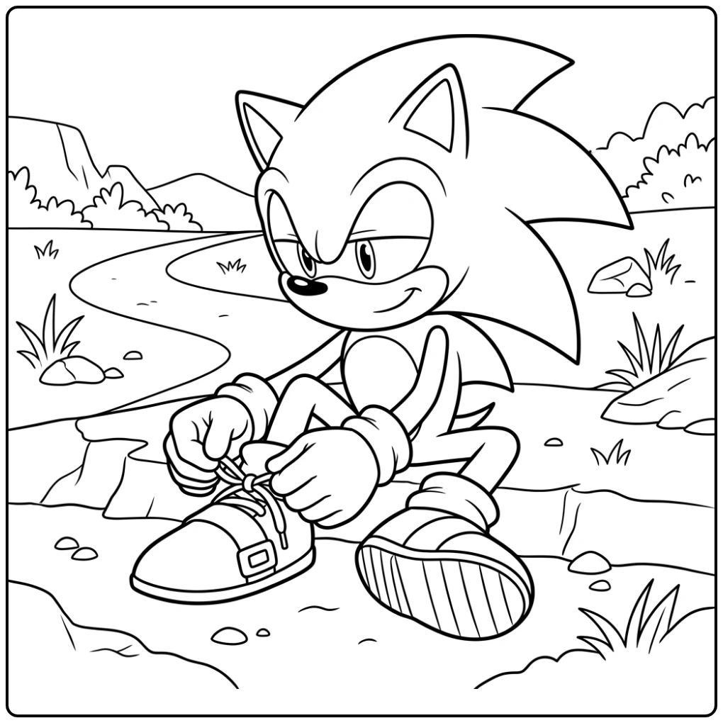 Sonic kleurplaat: ontspannen Sonic strikt zijn schoen op de grond.