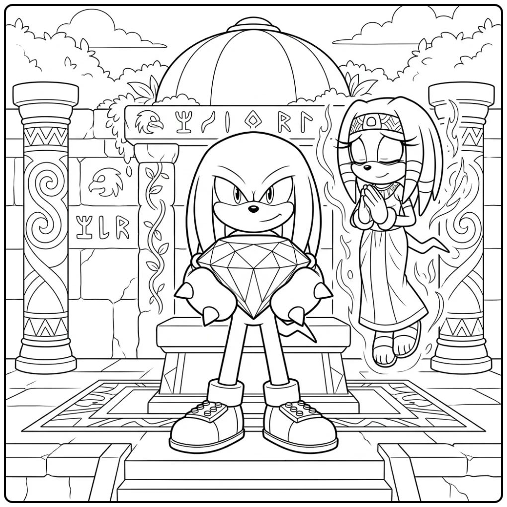 Knuckles kleurplaat: Knuckles en Tikal bewaken de Meester Emerald.