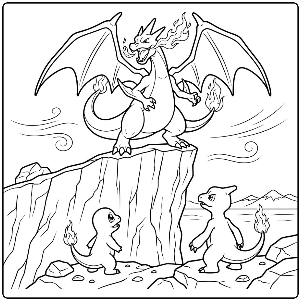 Heroïsche pokemon kleurplaat mega charizard y op klif met vlammen