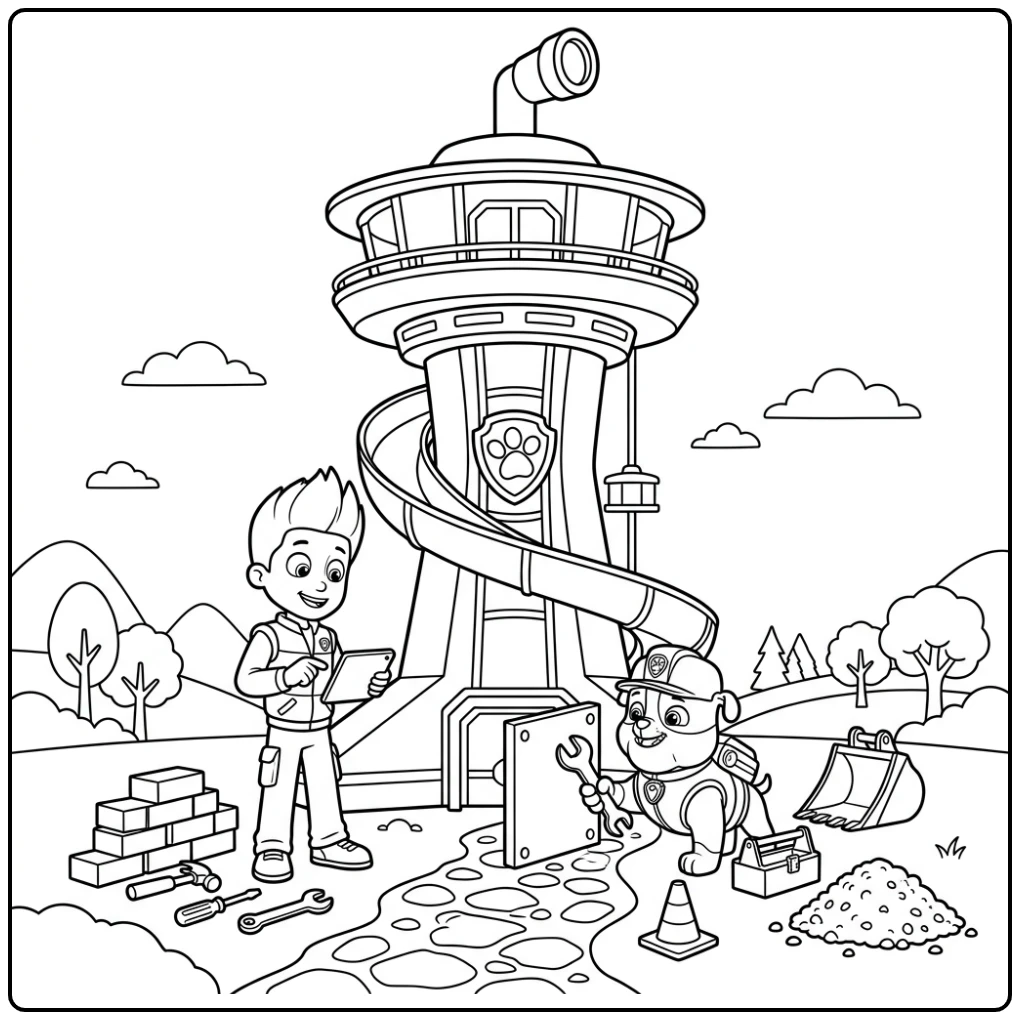 Rubble bouwt bij de paw patrol uitkijktoren kleurplaat onder Ryder's toezicht.